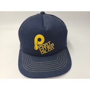 Vintage Port Cities Oil Co YoungAn Denim Mesh Trucker Snapback Hat Cap Men Blue